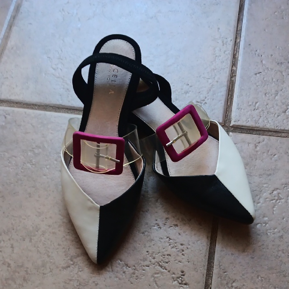 CECELIA NEW YORK Black and White Flats with Pink Buckle
